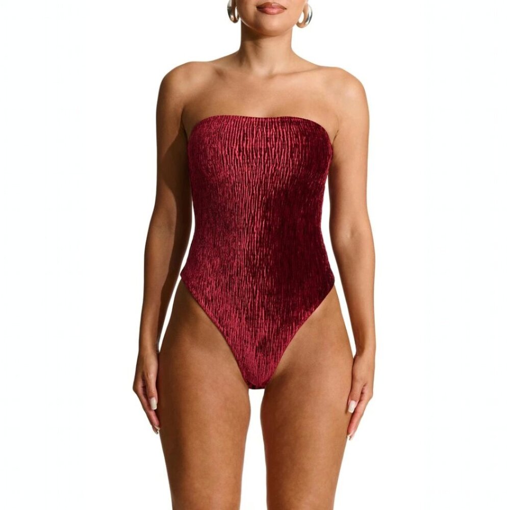 Naked Wardrobe Crushed Velvet Strapless Bodysuit Thong NWT